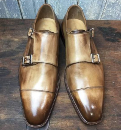 Awesome Polishing Handmade Double Monk Natural Leather Shoes
