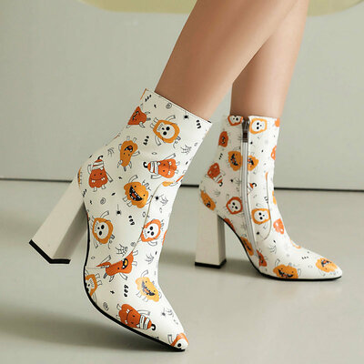 Holloween Pumpkin Skull Print Ankle Boots in White
