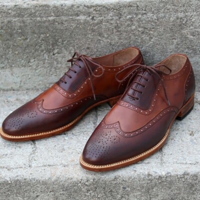 Crafted leather classic and elegant brown patina wing tip brogue lace up dress shoes for men - Thumbnail 5