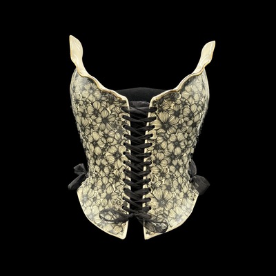 Black and White Bloom Gold Leaf trim wearable ceramic corset by: Nicole Moan