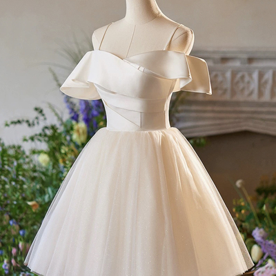 Champagne spaghetti strap tulle knee length prom dress - Thumbnail 1