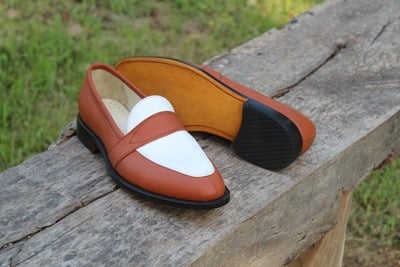 Handmade Brown White Loafers Moccasin Men Formal Leather Shoes Made by Crafted Leather