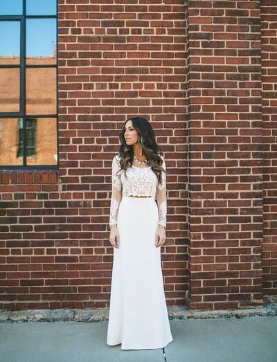 Elegant Two Piece Long Sleeves White Wedding Dresses,1064