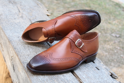 Crafted Leather Classic Brown Black Shaded Monk Strap Wingtip Shoes