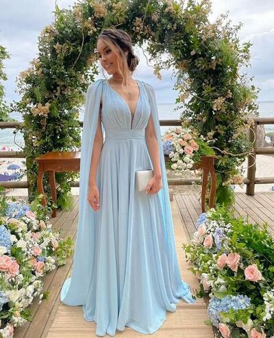 Beautiful A Line V Neck Light Blue Long Prom Dresses