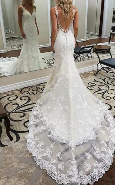 Sheath Mermaid V-neck Lace Deep V Back Wedding Dresses