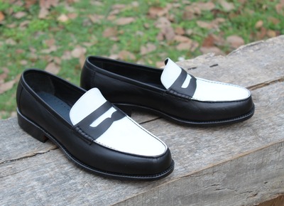 Crafted Leather Handmade Black White Leather Penny Loafer Moccasin Formal Shoes