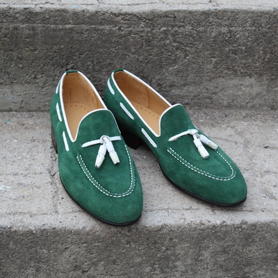 Crafted leather mens tassel loafer shoes in green suede leather  - Thumbnail 4