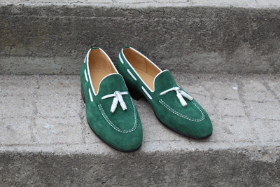 Crafted Leather Mens Tassel Loafer Shoes in Green Suede Leather