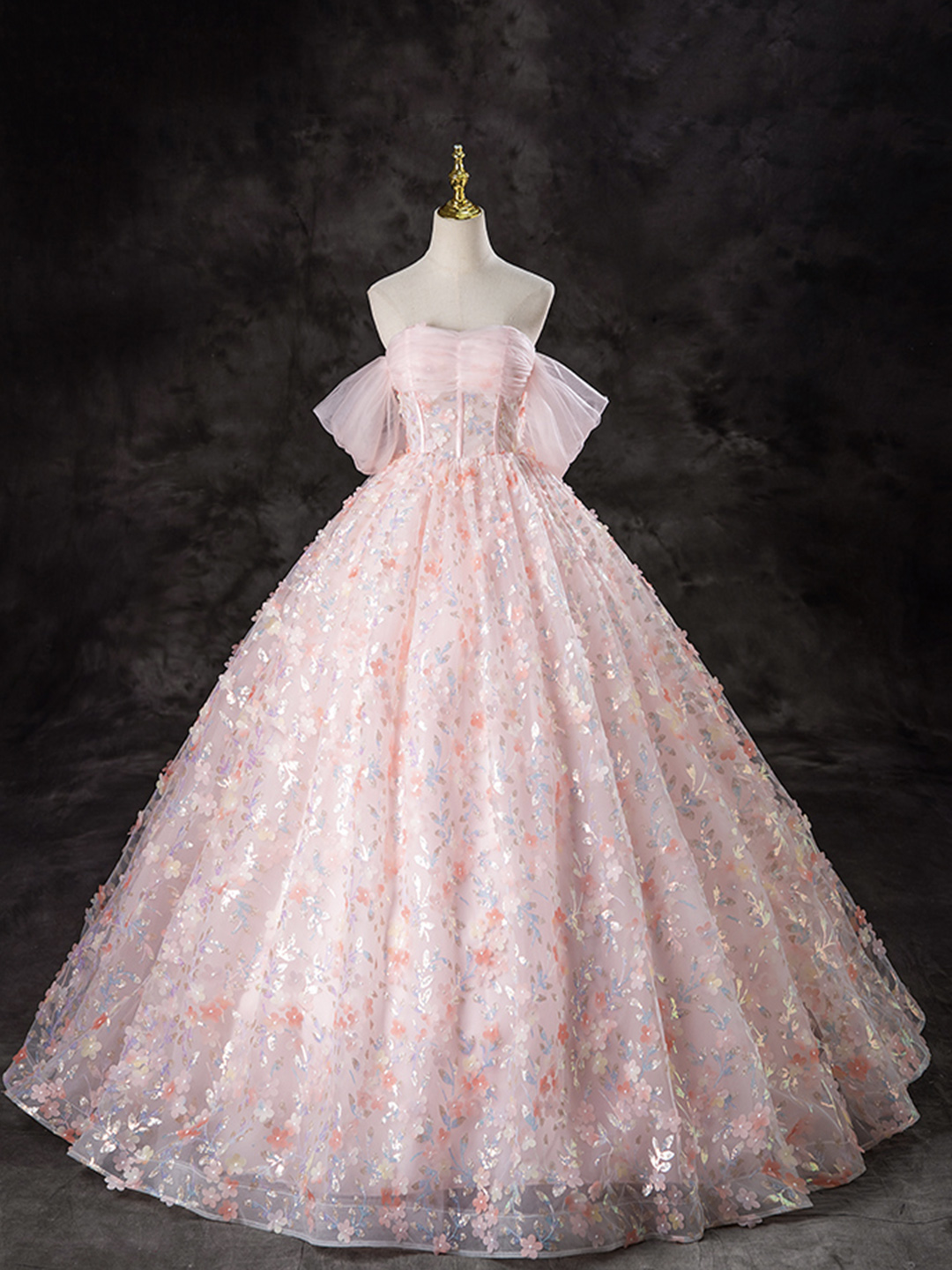 Pink Tulle Sequins Floor Length Prom Dress