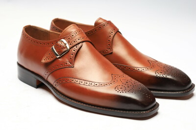 Crafted Leather Classic Brown Leather Wingtip Monk Strap Dress Shoes