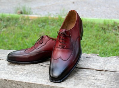 Crafted Leather Classic Men Oxford in Burgundy Black Shaded Leather Dress Wingtip Shoes