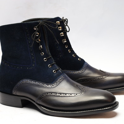 Crafted leather classic dress shoes black calf dark blue suede ankle high wingtip boot - Thumbnail 4