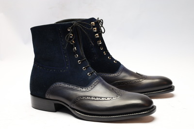 Crafted Leather Classic Dress Shoes Black Calf Dark Blue Suede Ankle High Wingtip Boot