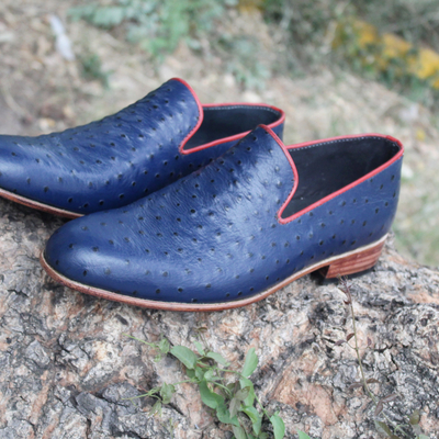 Crafted leather classic blue ostrich leather moccasin loafers dress shoes - Thumbnail 4