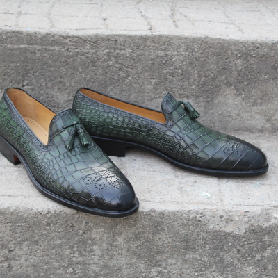Crafted leather new men handmade classic green crocodile/alligator tassel loafers shoes - Thumbnail 2