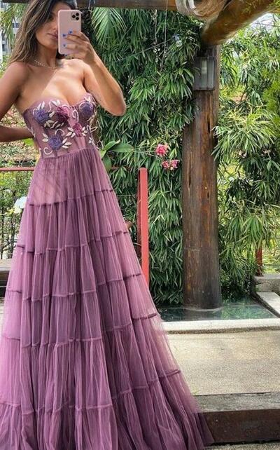 Gorgeous A Line Embroidery Purple Tulle Prom Dresses