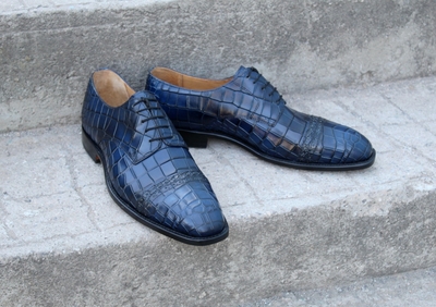 Crafted Leather Bespoke Blue Patina Leather Crocodile Texture Men Shoes