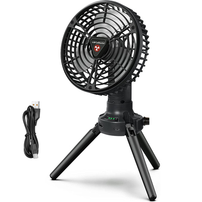 Foldable Camping Fan with Emergency Power Bank 270 Oscillating Rechargeable Tripod Fan for Hiking Fishing Personal Desk Fan with 4 Speeds 3 Brightnes