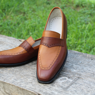 Crafted leather classic brown leather moccasin loafers dress shoes - Thumbnail 4