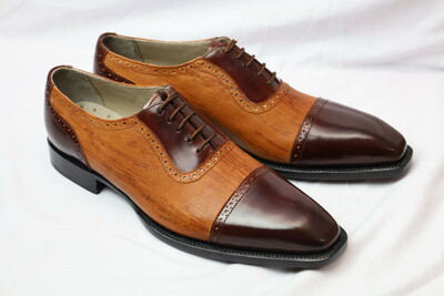 Crafted Leather Classic Brown Patina and Dark Brown Leather Lace up Oxford Dress Shoes