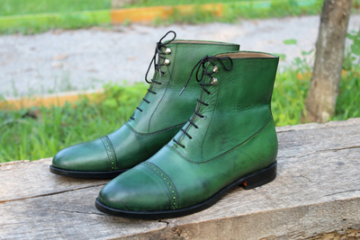 Crafted Leather Oxford Boot - Classic Green Calf Ankle High Lace up Boot