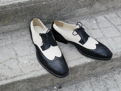 Crafted Leather Black Beige Leather Oxford Wingtip Shoes, Men Lace up Dress Formal Shoes