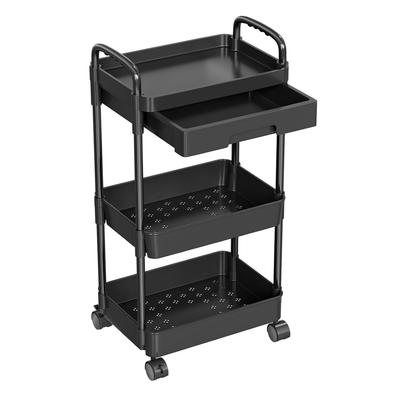 3 Tier Rolling Utility Cart Movable Storage Organizer with Drawer Lockable Wheel 360 Degree Rotatable Hallow Design for Bedroom Bathroom Kitchen-Black