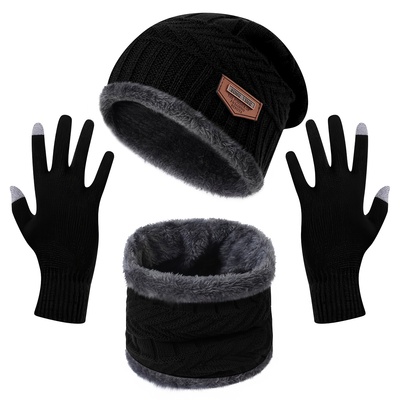 Winter Knitted Hat Scarf Gloves 3Pcs Winter Warm Beanie and Touch Screen Glove Scarf Set Knit Beanie Skull Cap Neck Warmer Mittens for Men Women-Black