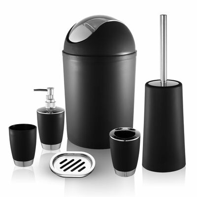 Bathroom Accessories Set 6 Pcs Bathroom Set Ensemble Complete Soap Dispenser Toothbrush Holder Tumbler Soap Dish Toilet Cleaning Brush Trash Can-Black