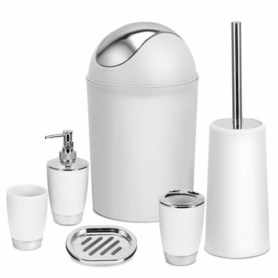 Bathroom Accessories Set 6 Pcs Bathroom Set Ensemble Complete Soap Dispenser Toothbrush Holder Tumbler Soap Dish Toilet Cleaning Brush Trash Can-White