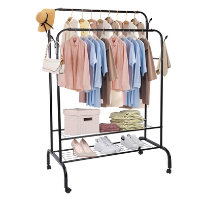 Garment Hanging Rack Clothing Hanging Rail Pillow Shoe Display Organizer Clothes Organizer Stand with 2 Rails 2 Shelves 4 Rolling Wheels 4 Hooks-Black