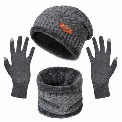 Winter Knitted Hat Scarf Gloves 3Pcs Winter Warm Beanie and Touch Screen Gloves Scarf Set Knit Beanie Skull Cap Neck Warmer Mittens for Men Women-Gray