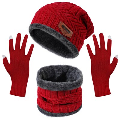 Winter Knitted Hat Scarf Gloves 3Pcs Winter Warm Beanie and Touch Screen Gloves Scarf Set Knit Beanie Skull Cap Neck Warmer Mittens for Men Women-Red