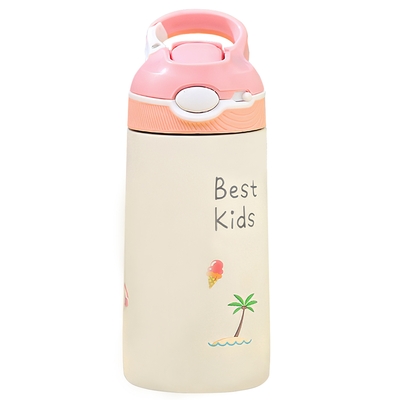13.5Oz Insulated Stainless Steel Water Bottle Leak-proof Bottle for Kids with Straw Push Button Lock Switch Thermos Cup for Toddlers Boys Girls-Pink