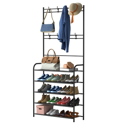 Entryway Coat Hat Rack Shoe Storage Shelf 5 Tier Shoe Rack Freestanding Hall Tree Garment Hanger Stand Clothes Shoe Organizer Combo-Black-5-Tier
