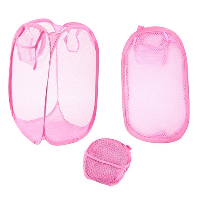 3Pcs Pop-Up Laundry Hampers Foldable Mesh Hamper Clothes Laundry Basket Bins w/ Handles for Storage Kids Room College Dorm Travel Use-Hot Pink