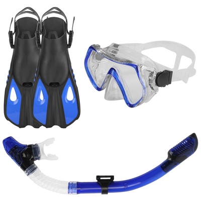 Snorkeling Gear Mask Fin Snorkel Set with Diving Mask Dry Top Snorkel Adjustable Swim Fins for Swimming Snorkeling Travel Diving-Blue-L & XL