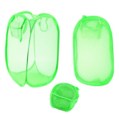 3Pcs Pop-Up Laundry Hampers Foldable Mesh Hamper Clothes Laundry Basket Bins w/ Handles for Storage Kids Room College Dorm Travel Use-Green