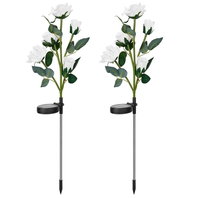 2Pcs Solar Powered Lights Outdoor Rose Flower LED Decorative Lamp Water Resistant Pathway Stake Lights For Garden Patio Yard Walkway-White