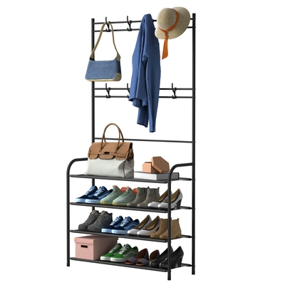 Entryway Coat Hat Rack Shoe Storage Shelf 4 Tier Shoe Rack Freestanding Hall Tree Garment Hanger Stand Clothes Shoe Organizer Combo-Black