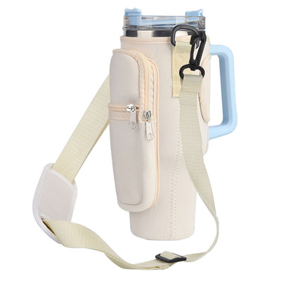 Water Bottle Carrier Bag Neoprene Water Cup Pouch Water Bottle Holder with Adjustable Strap Phone Pocket for Walking Travel Camping-Beige