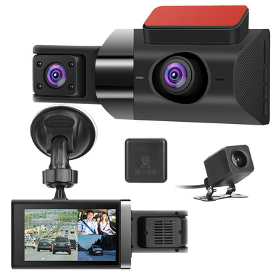 2K Car DVR 3 Channel Dash Cam Camcorder Camera Recorder with 140? Angle GPS WiFi Night Vision G-sensor Loop Recording Parking Monitor