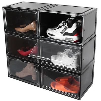 6Packs Collapsible Shoe Box Stackable Shoe Storage Bin Transparent Dustproof Hard PP Shoe Organizer Container with Magnetic Door-Black