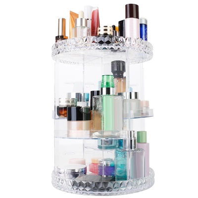 360? Rotating Makeup??Organizer Clear Cosmetic Storage Rack Transparent Jewelry Display Box Case with 4 Trays One 17-Slot Top Shelf