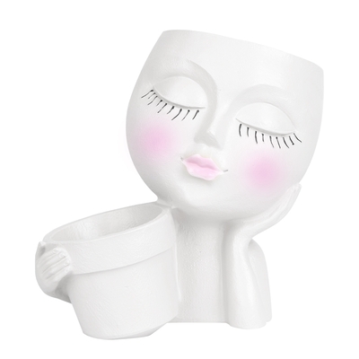 Girl Face Planter Pot Dual Opening Flower Pot With Drainage Hole Lady Head Resin Plant Pot For Succulent Cactus Indoor Outdoor-White
