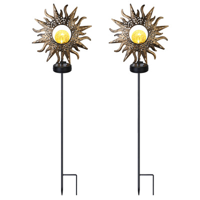 Solar Powered Sun Stake Lamp IP54 Waterproof Decorative Lamp Crackle Glass Globe Stake Lights For Garden Lawn Yard Driveway-Black