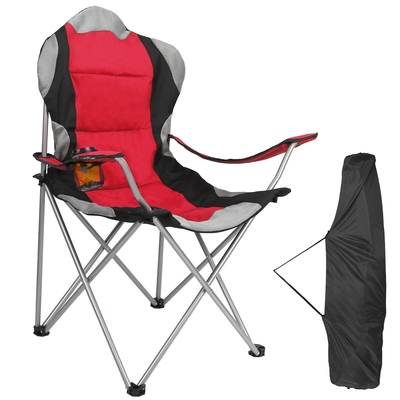 Foldable Camping Chair Heavy Duty Steel Lawn Chair Padded Seat Arm Back Beach Chair 330LBS Max Load with Cup Holder Carry Bag-Red