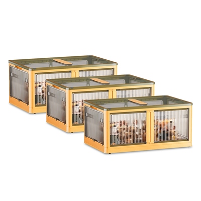 3Pcs Foldable Storage Bins with Lid 4 Doors Collapsible Stackable Closet Organizer Containers with Lock 4Pcs Wheels-Yellow-Large