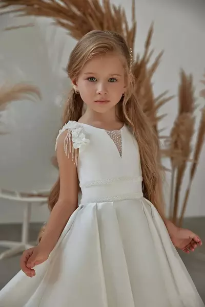 Girl Dresses Simple White Flower Dress For Wedding 3D Flowers Beaded Satin A-Line Pleated Birthday Pageant Robe First Communion Kid Gown